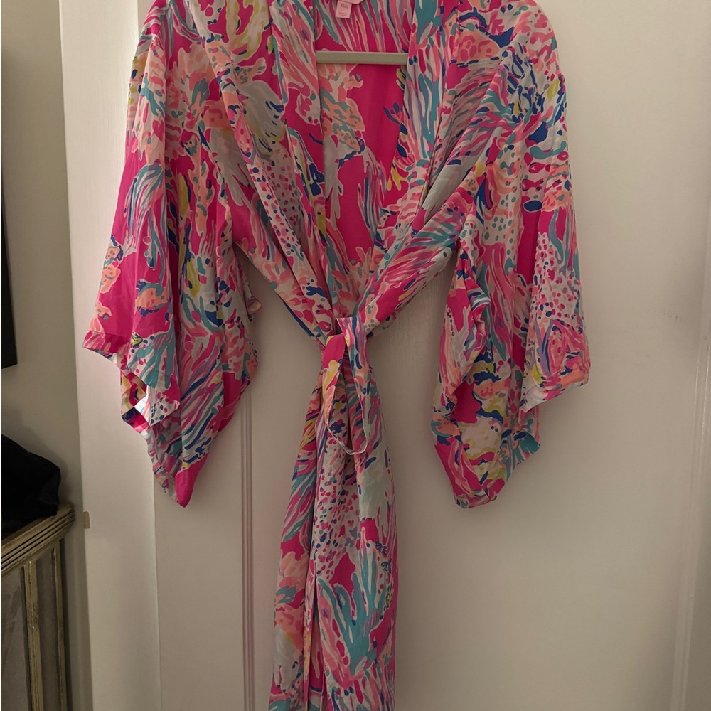 Pink Lilly Pulitzer 100% Silk Bathrobe in vibrant print Multi Fan Sea Pants XS/S